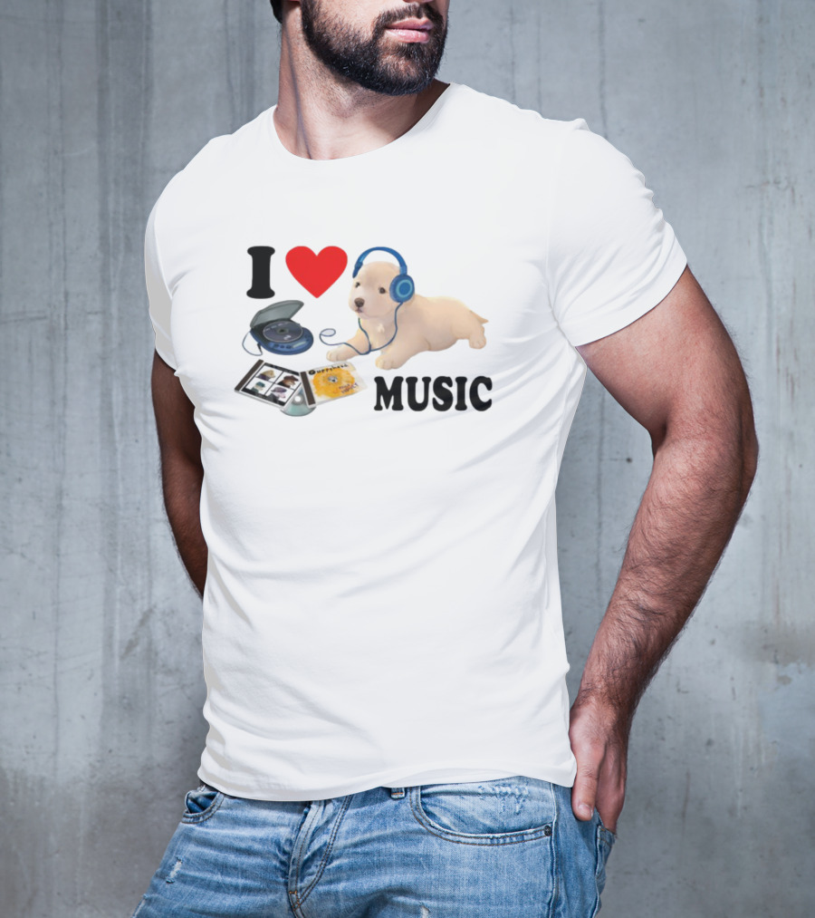 I Love Music Dog Headphones CD Player Album Puppy T-Shirt