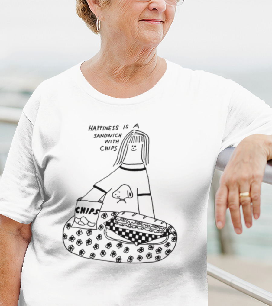 Happiness Is A Sandwich With Chips Fun Skull Character T-Shirt