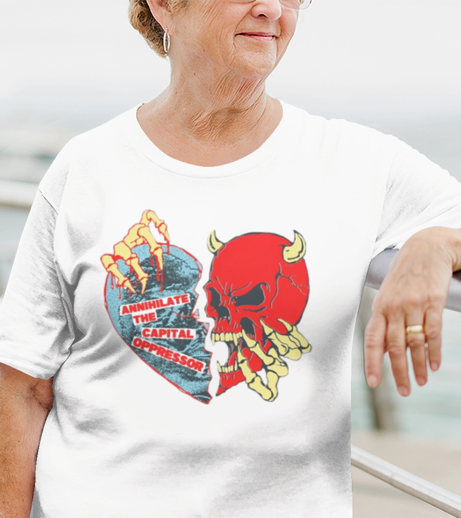 Annihilate The Capital Oppressor Red Skull And Skeleton Heart Design T-Shirt