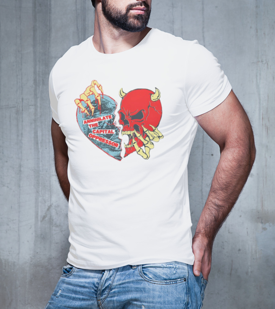 Annihilate The Capital Oppressor Red Skull And Skeleton Heart Design T-Shirt