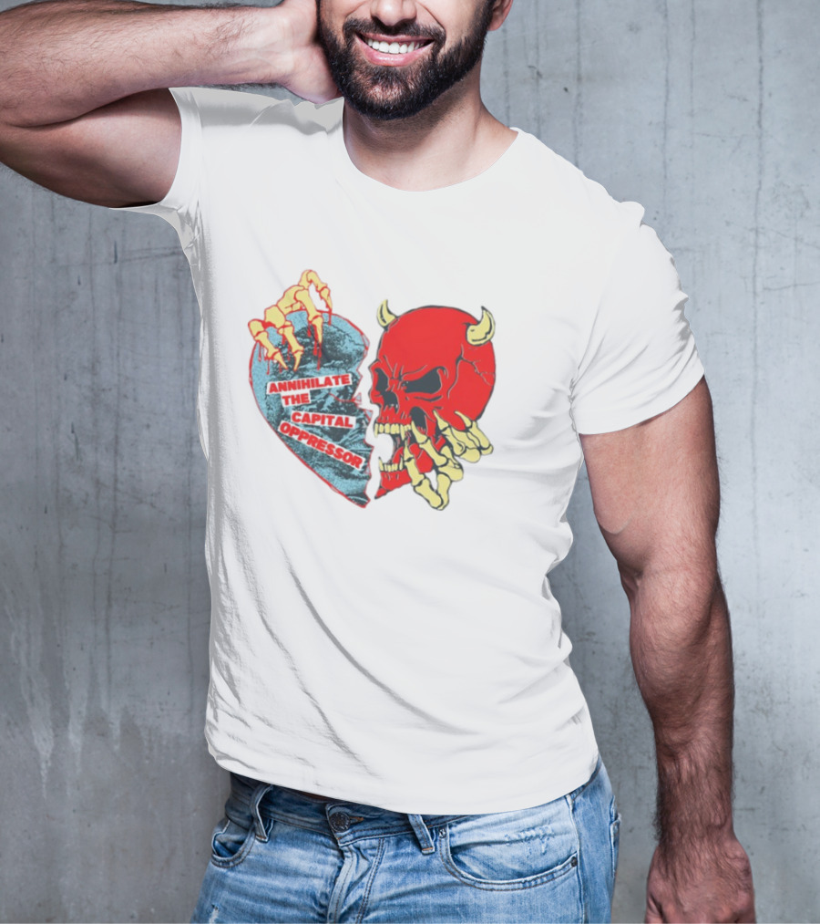 Annihilate The Capital Oppressor Red Skull And Skeleton Heart Design T-Shirt