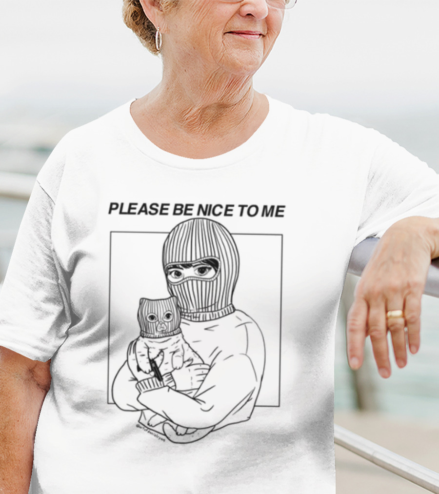 Please Be Nice To Me Masked Figure Hugging Cat T-Shirt