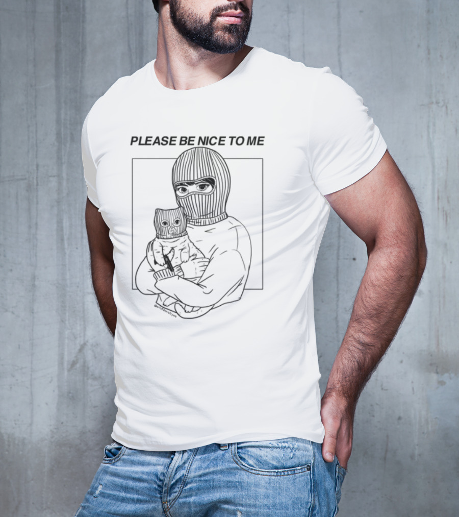 Please Be Nice To Me Masked Figure Hugging Cat T-Shirt