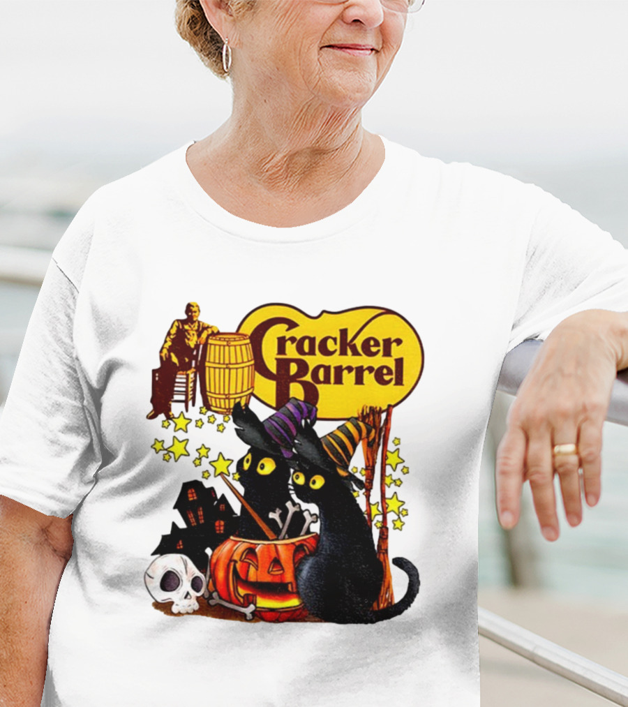 Cracker Barrel Halloween 2025 Black Cat Witches Pumpkin Stars Skulls T-Shirt