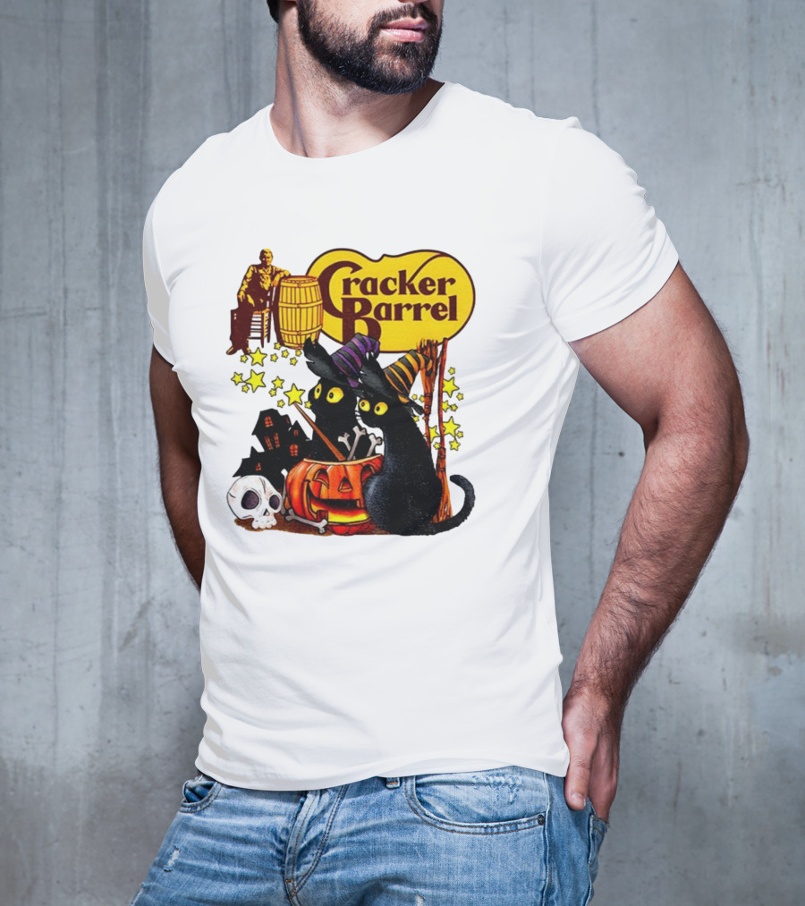 Cracker Barrel Halloween 2025 Black Cat Witches Pumpkin Stars Skulls T-Shirt