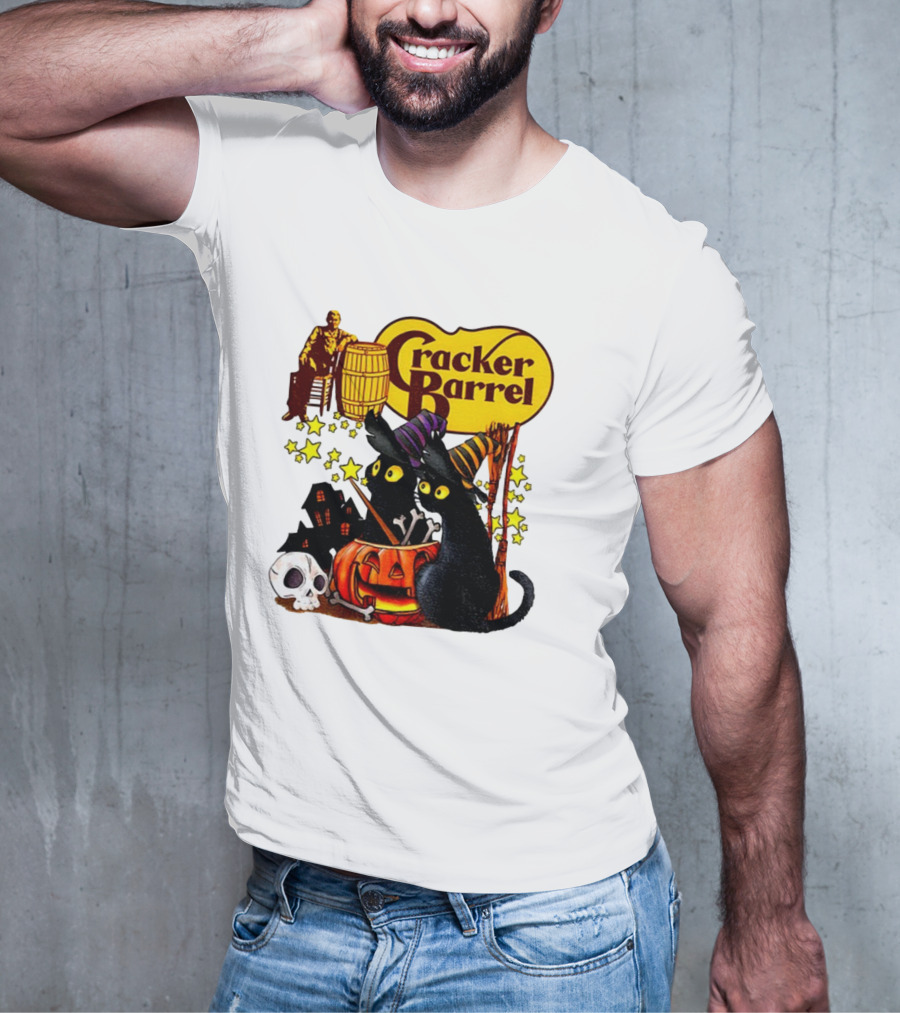 Cracker Barrel Halloween 2025 Black Cat Witches Pumpkin Stars Skulls T-Shirt