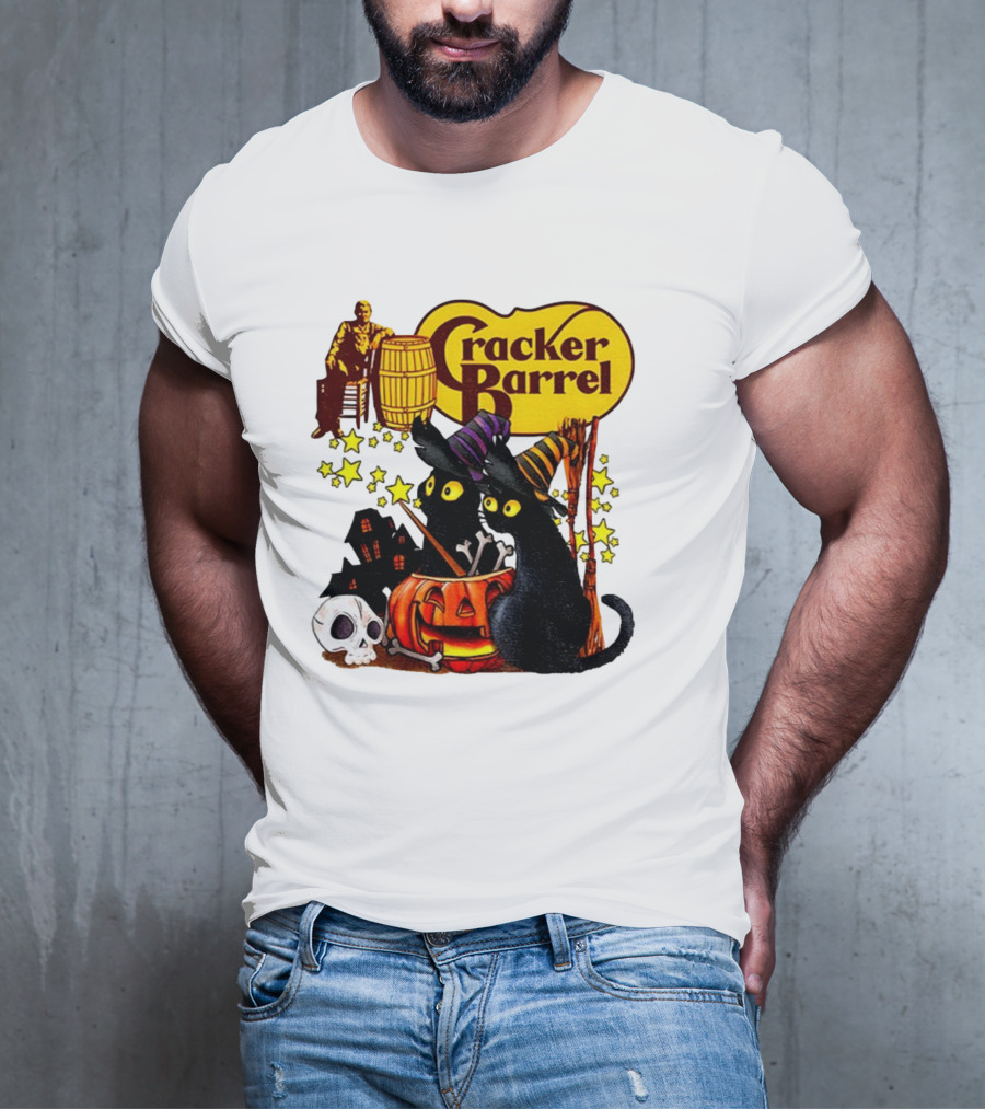 Cracker Barrel Halloween 2025 Black Cat Witches Pumpkin Stars Skulls T-Shirt