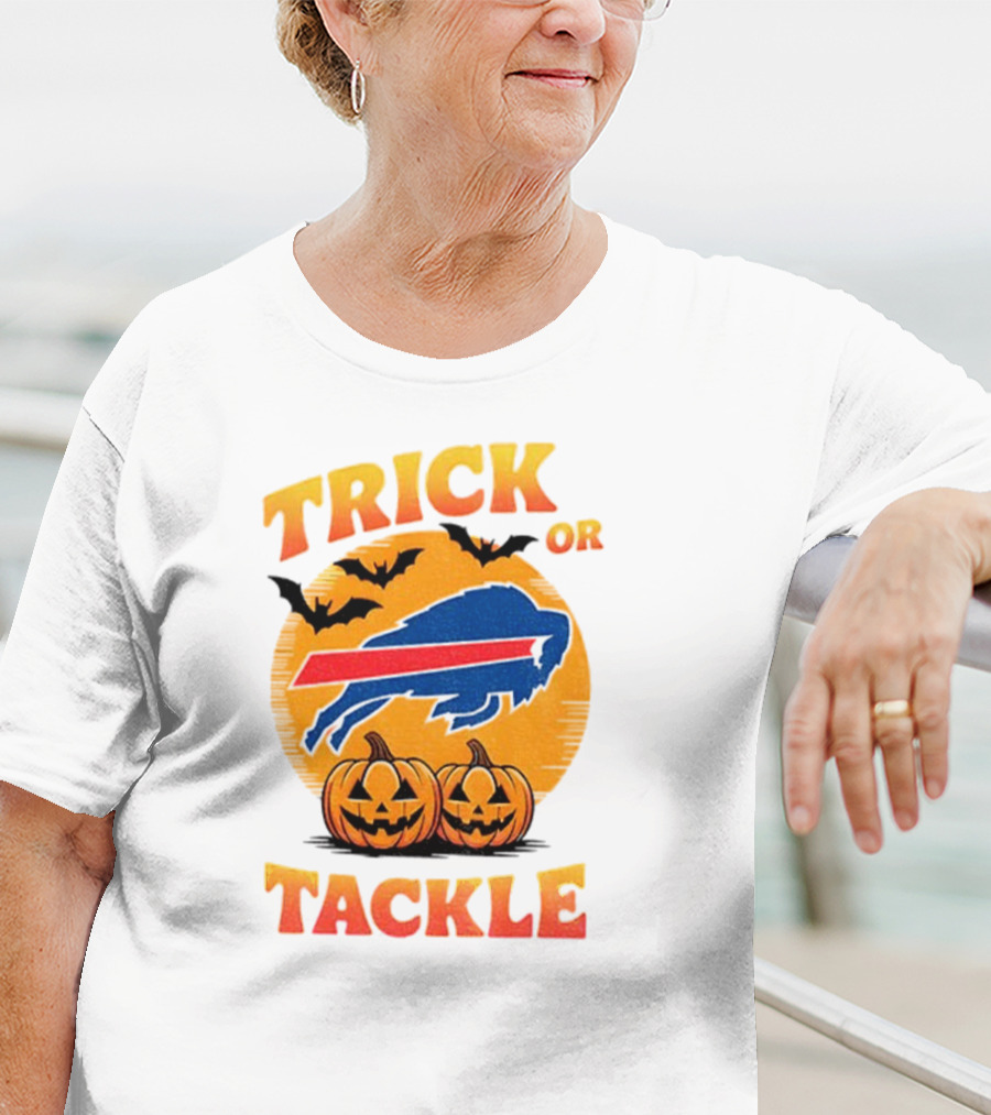 Buffalo Bills Trick Or Tackle Halloween Pumpkins And Bats T-Shirt