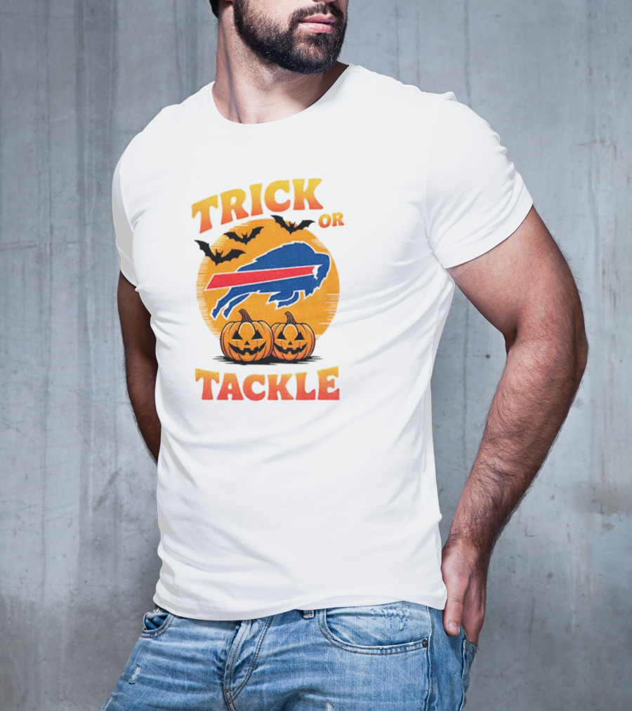 Buffalo Bills Trick Or Tackle Halloween Pumpkins And Bats T-Shirt