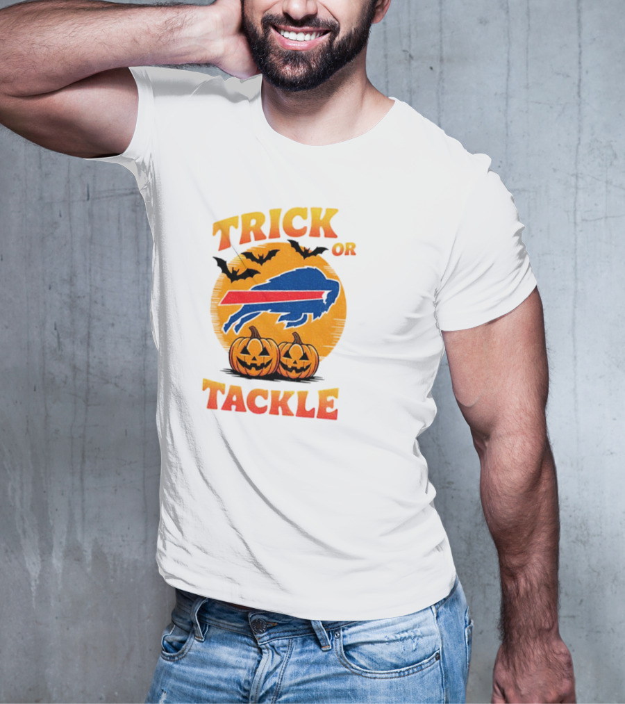 Buffalo Bills Trick Or Tackle Halloween Pumpkins And Bats T-Shirt