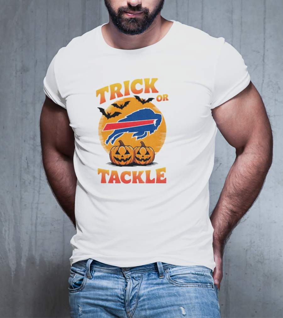 Buffalo Bills Trick Or Tackle Halloween Pumpkins And Bats T-Shirt