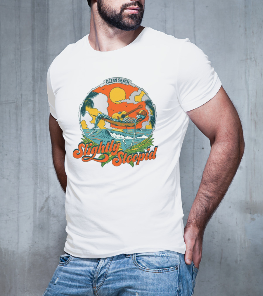 Slightly Stoopid Ocean Beach Skeleton Hammock Sun Guitar T-Shirt