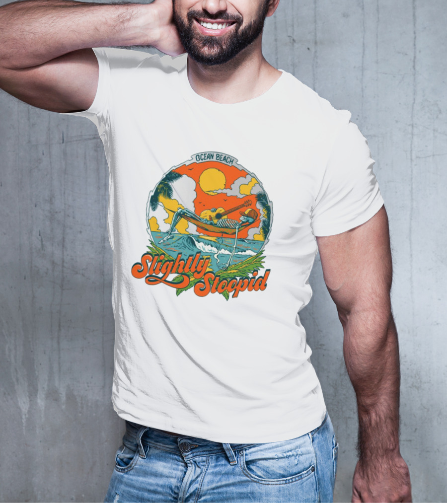 Slightly Stoopid Ocean Beach Skeleton Hammock Sun Guitar T-Shirt