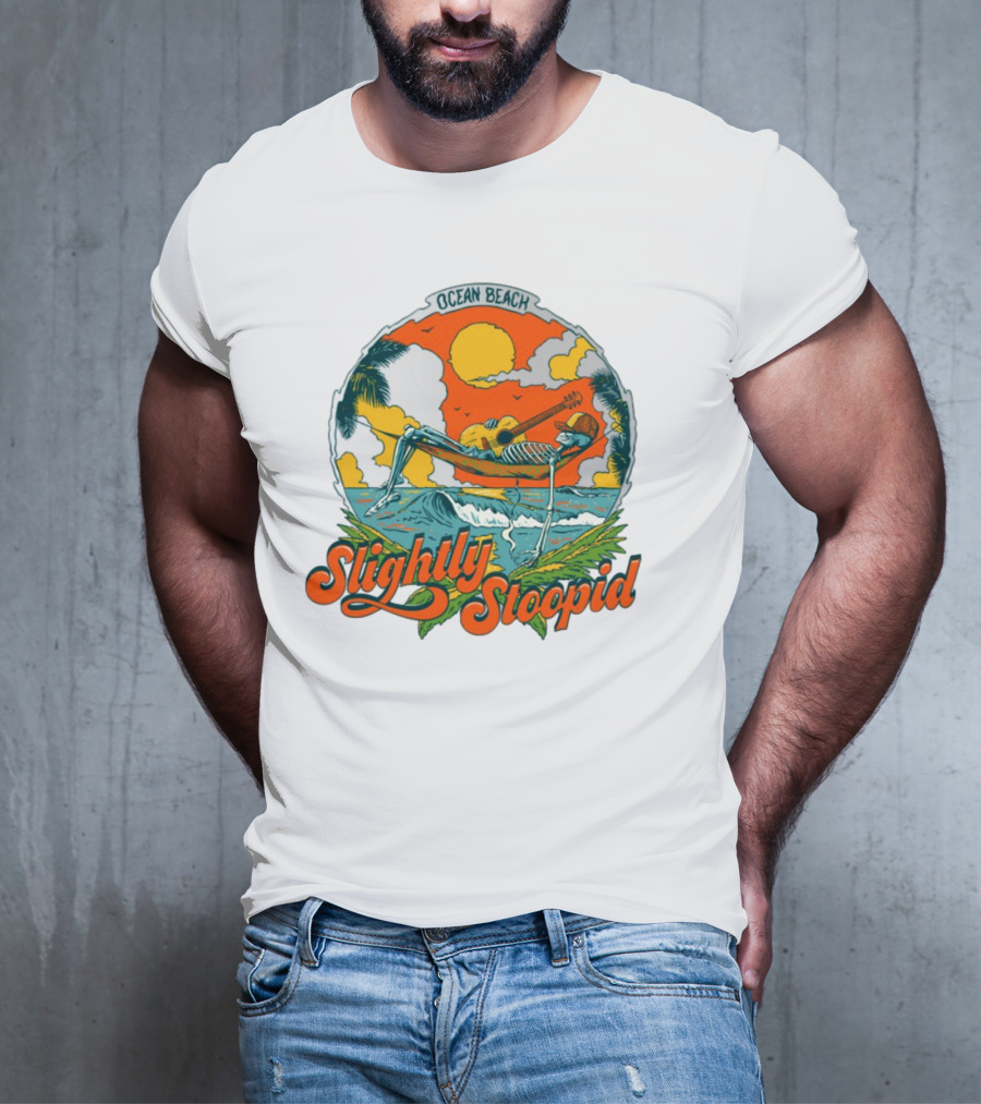 Slightly Stoopid Ocean Beach Skeleton Hammock Sun Guitar T-Shirt