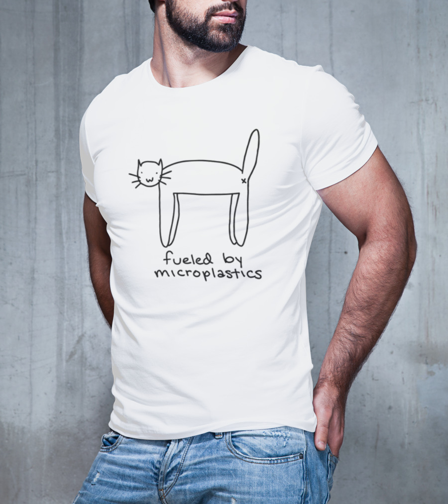 Fueled By Microplastics Cat Drawing Simple Outline Whimsical Humor T-Shirt