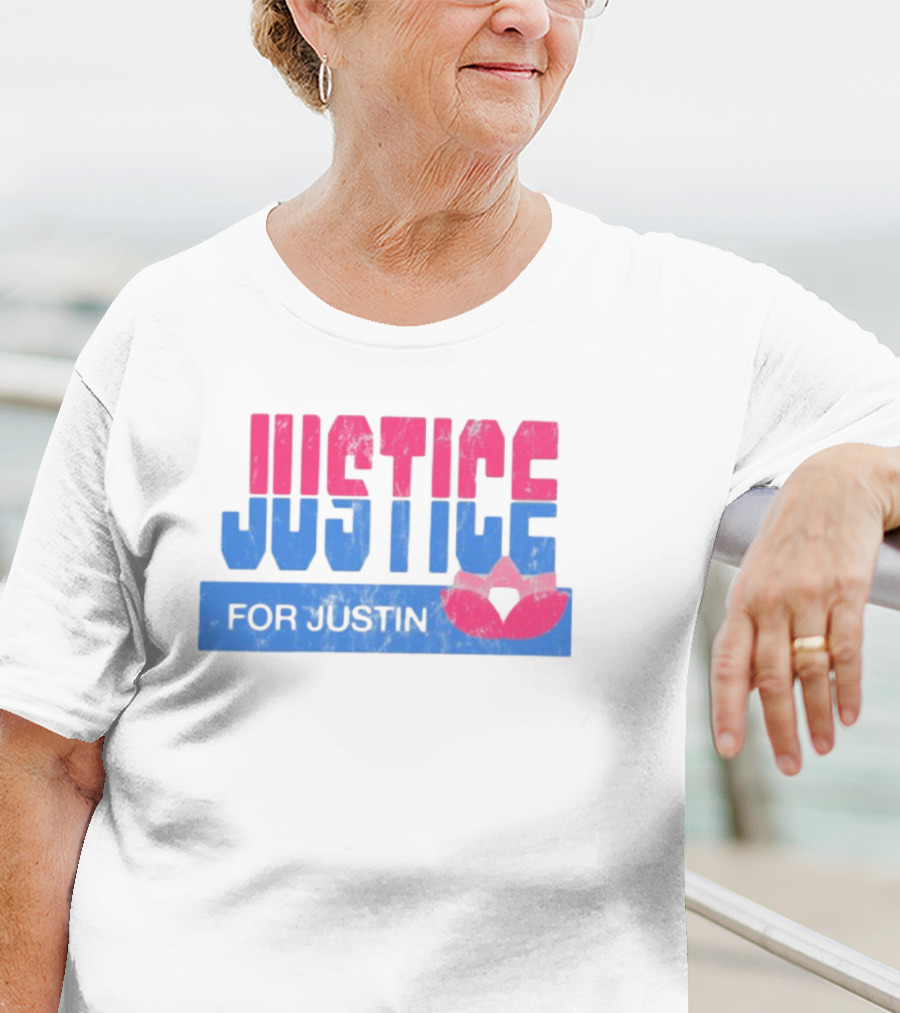 Justice For Justin LGBTQ Pride Pink And Blue Bold Text With Heart Symbol T-Shirt