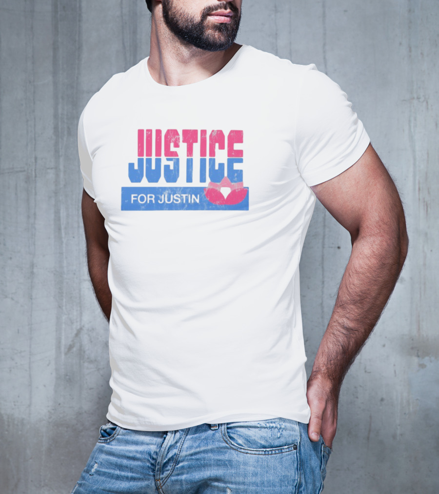 Justice For Justin LGBTQ Pride Pink And Blue Bold Text With Heart Symbol T-Shirt