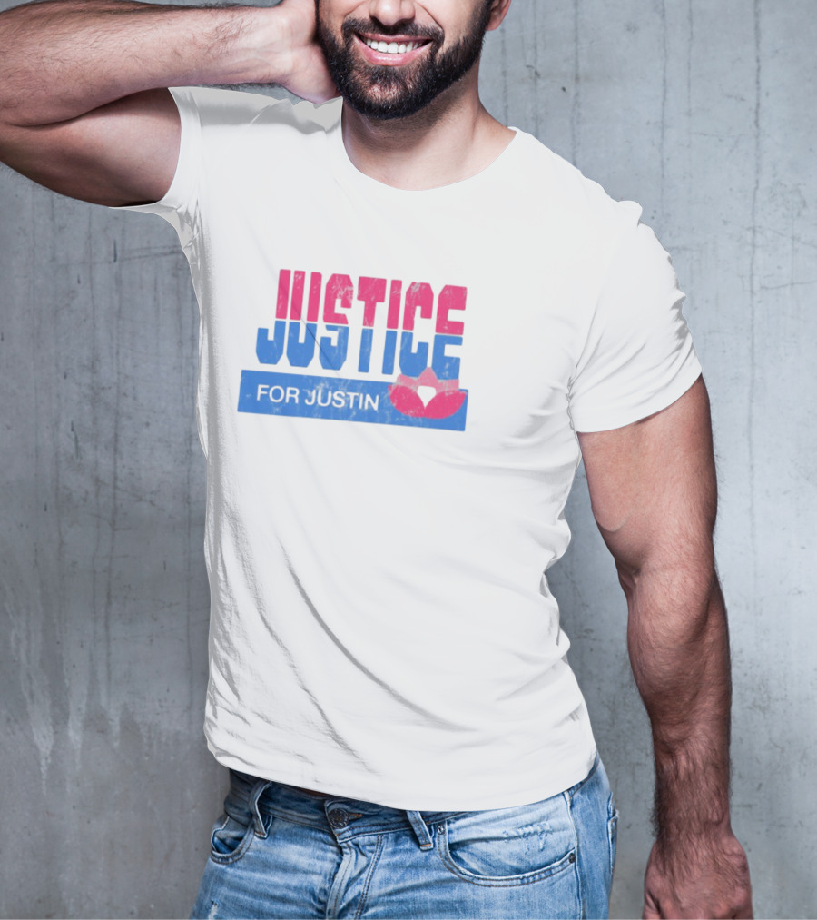 Justice For Justin LGBTQ Pride Pink And Blue Bold Text With Heart Symbol T-Shirt