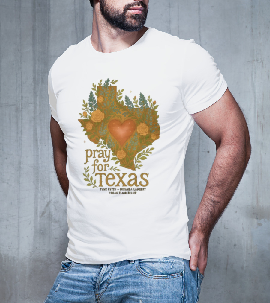 Pray For Texas Flood Relief Heart And Floral Pattern T-Shirt