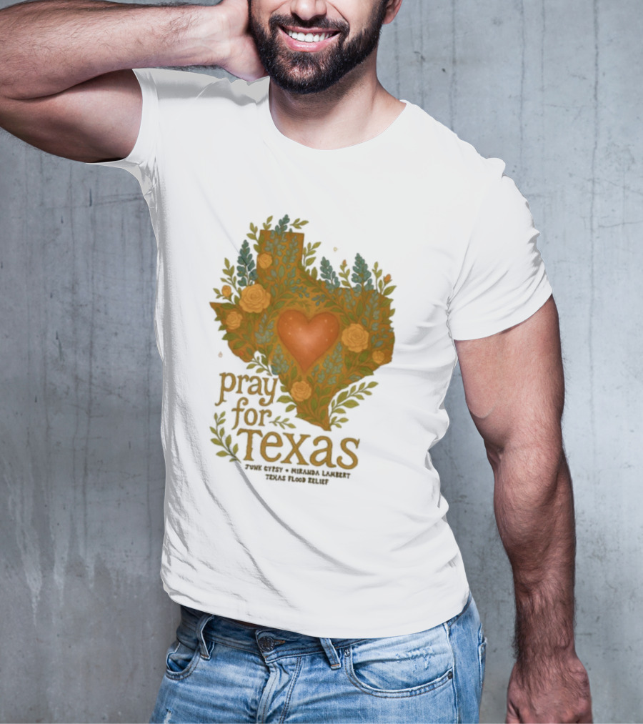 Pray For Texas Flood Relief Heart And Floral Pattern T-Shirt