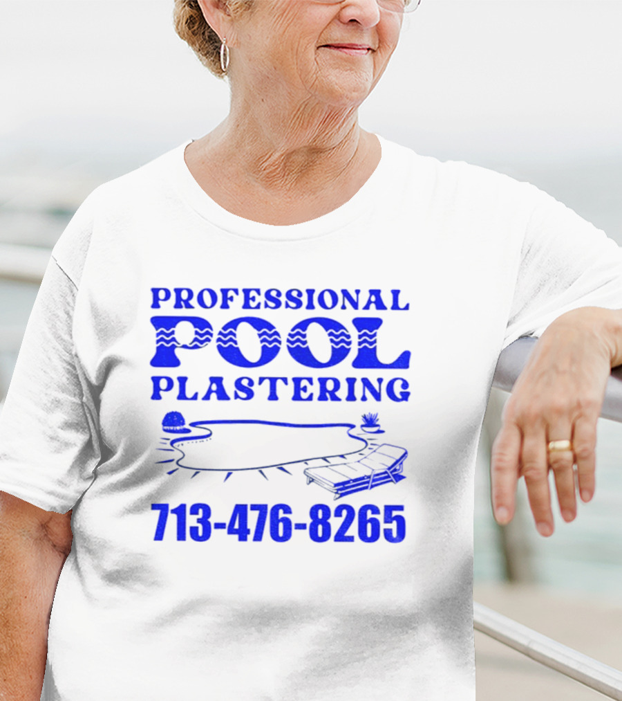 PROFESSIONAL POOL PLASTERING 713-476-8265 POOL OUTLINE COCKTAIL AND PALM TREE ICONS T-Shirt