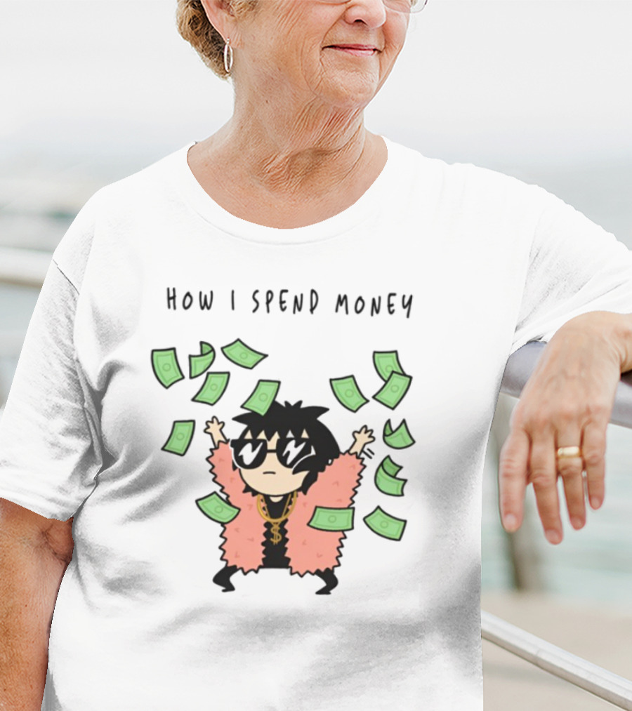 Sarah Andersen How I Spend Money Comic Character Pink Coat Dollar Bills Falling T-Shirt