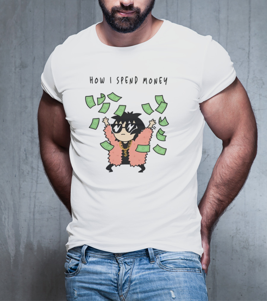 Sarah Andersen How I Spend Money Comic Character Pink Coat Dollar Bills Falling T-Shirt