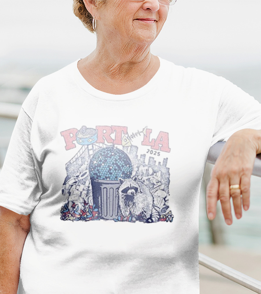 Portola 2025 Dumpster Disco Lineup Raccoon And Trashcan Disco Ball T-Shirt