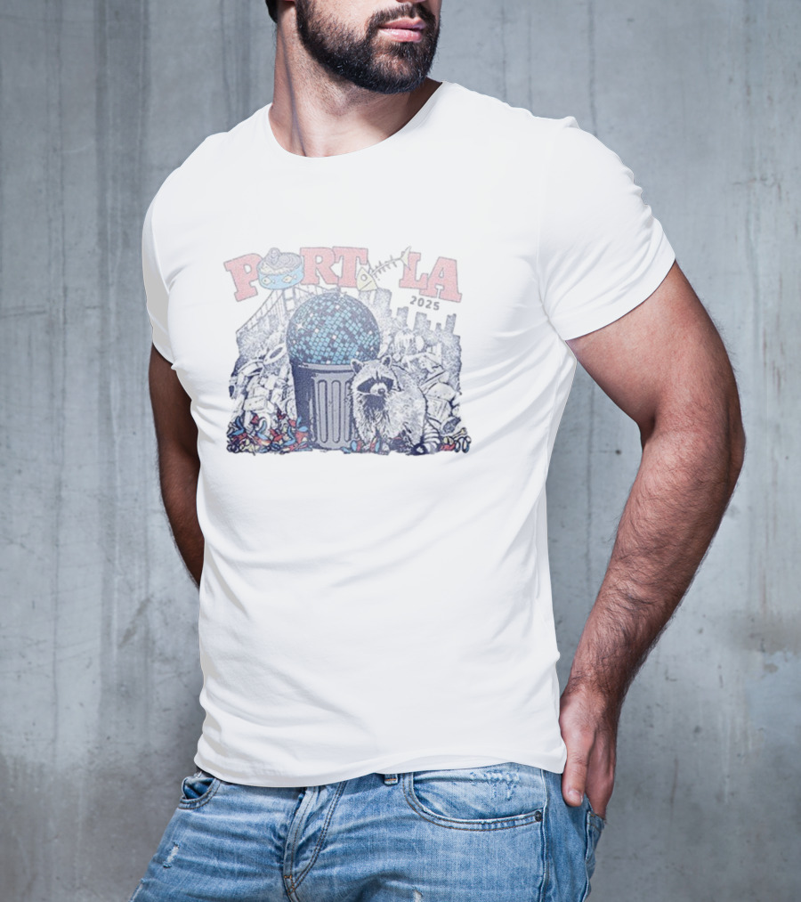 Portola 2025 Dumpster Disco Lineup Raccoon And Trashcan Disco Ball T-Shirt