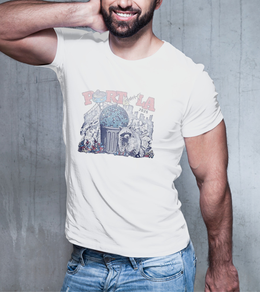 Portola 2025 Dumpster Disco Lineup Raccoon And Trashcan Disco Ball T-Shirt