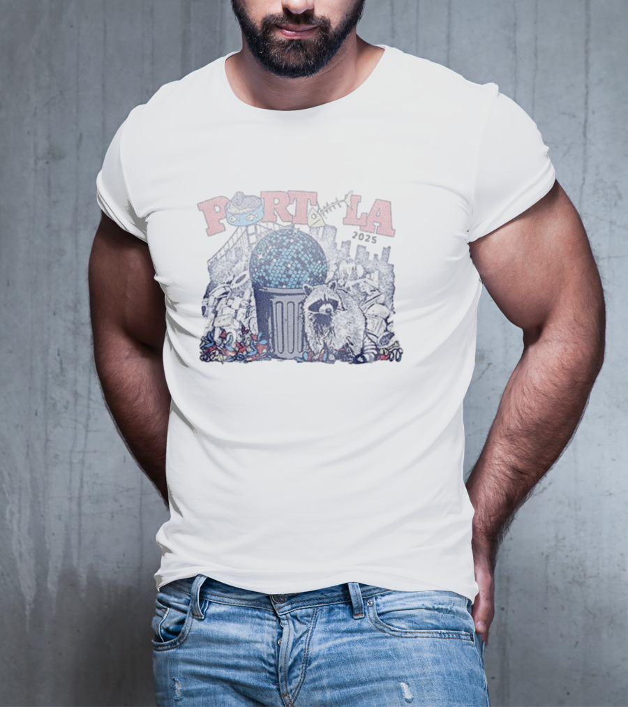 Portola 2025 Dumpster Disco Lineup Raccoon And Trashcan Disco Ball T-Shirt