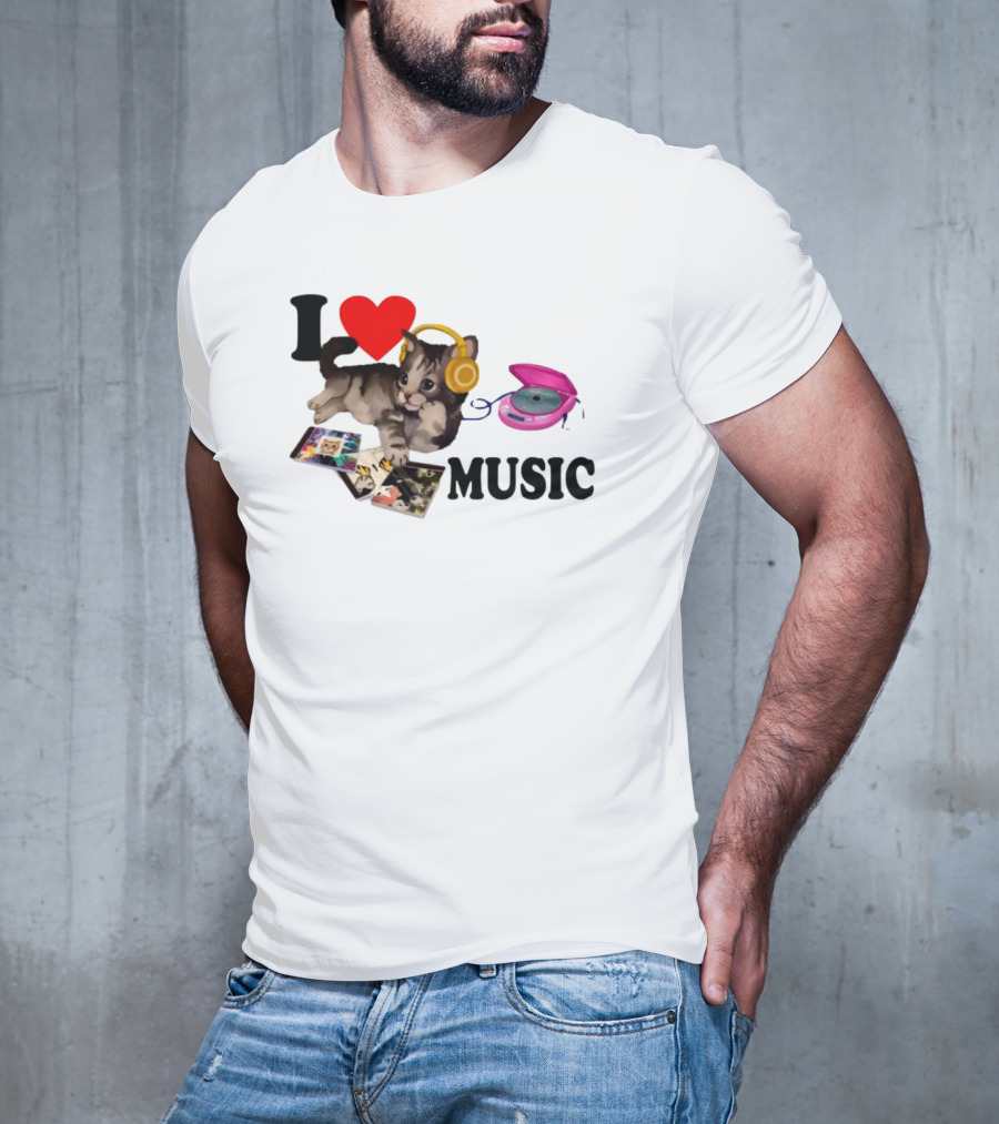I Love Music Cat Headphones Portable CD Player Cute Cat Photos T-Shirt