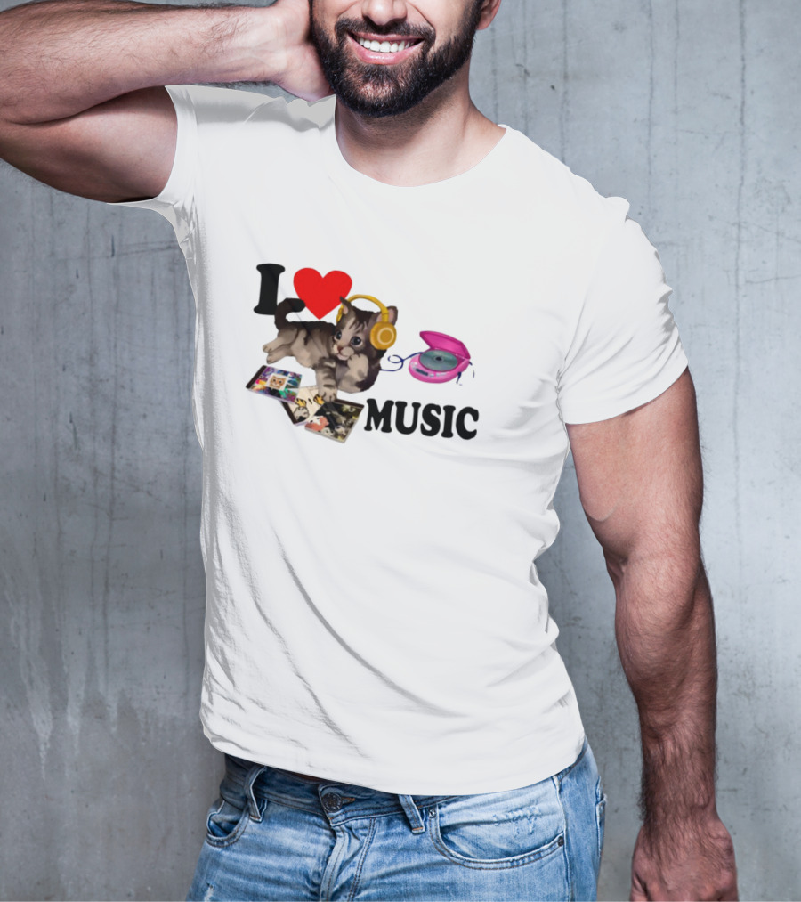 I Love Music Cat Headphones Portable CD Player Cute Cat Photos T-Shirt