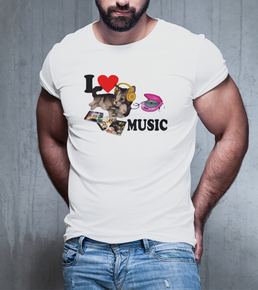 I Love Music Cat Headphones Portable CD Player Cute Cat Photos T-Shirt