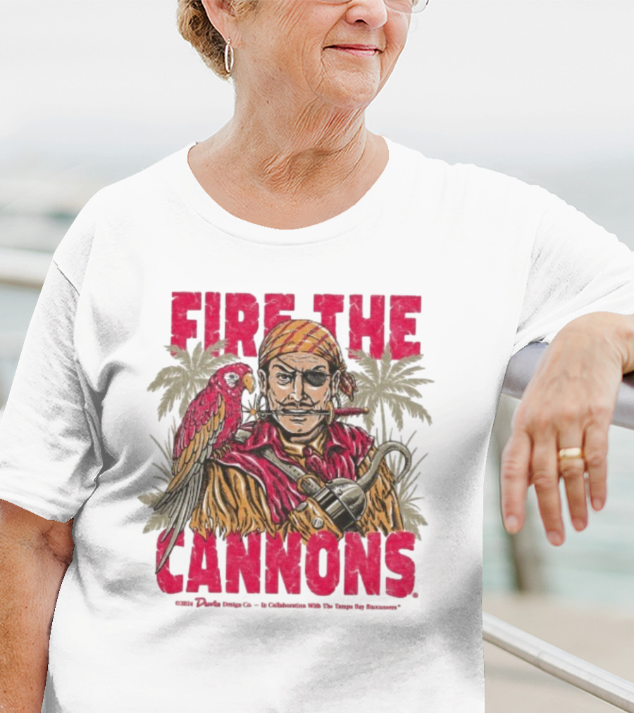 Fire The Cannons Buccaneers Pirate Parrot Palm Trees T-Shirt
