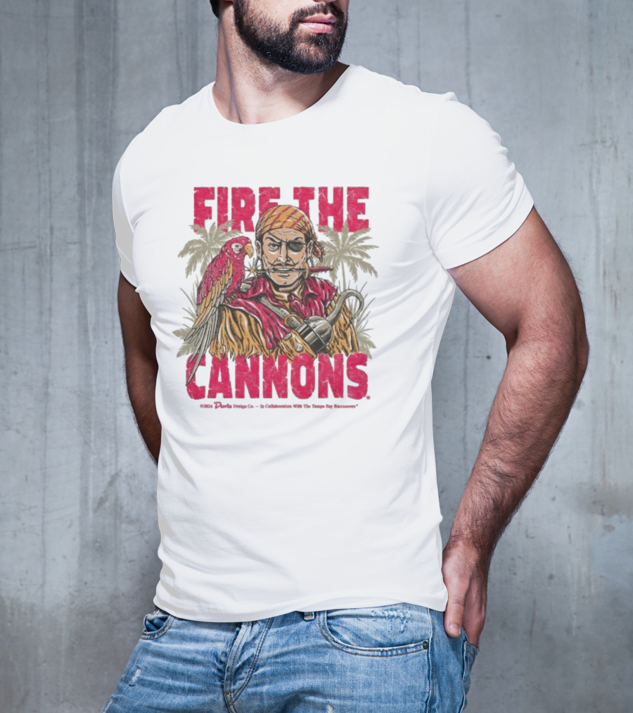 Fire The Cannons Buccaneers Pirate Parrot Palm Trees T-Shirt