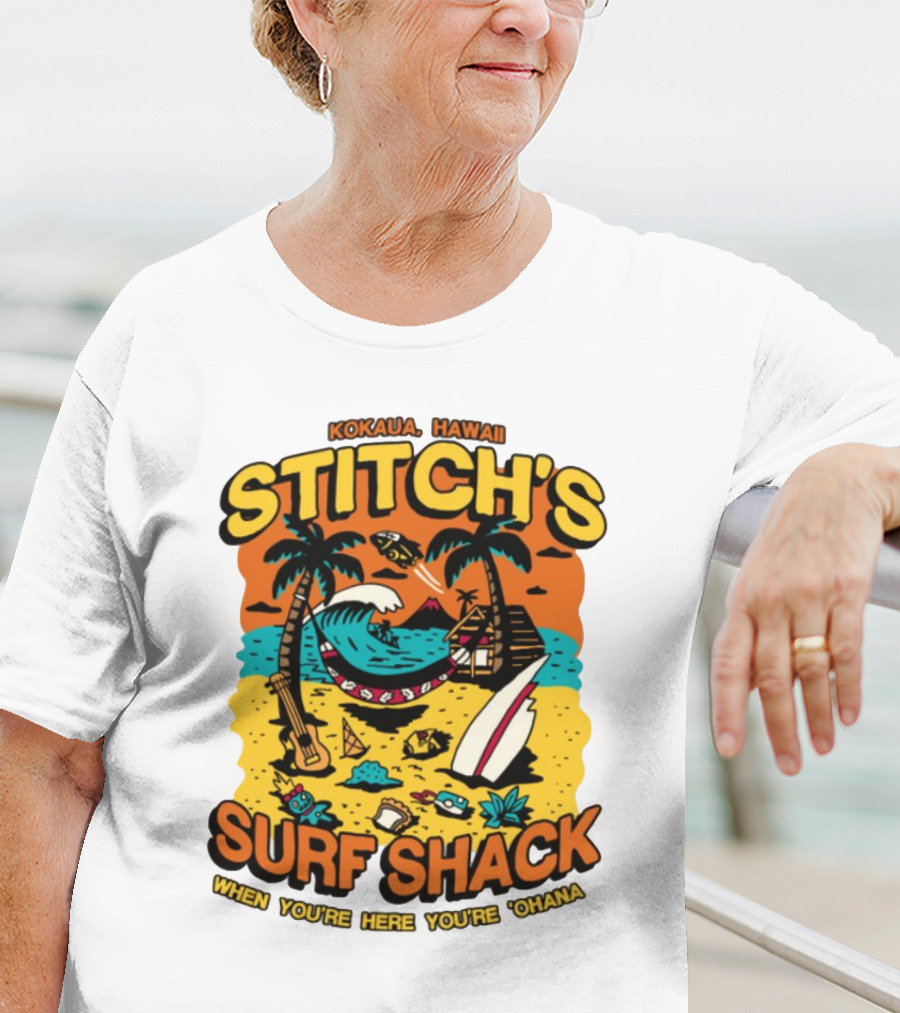 Kokaua Hawaii Stitch's Surf Shack When You're Here You're 'Ohana T-Shirt