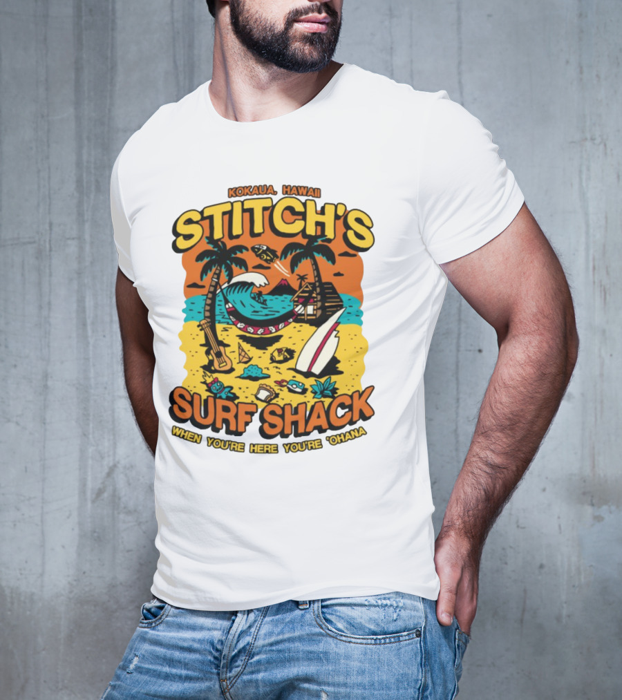 Kokaua Hawaii Stitch's Surf Shack When You're Here You're 'Ohana T-Shirt