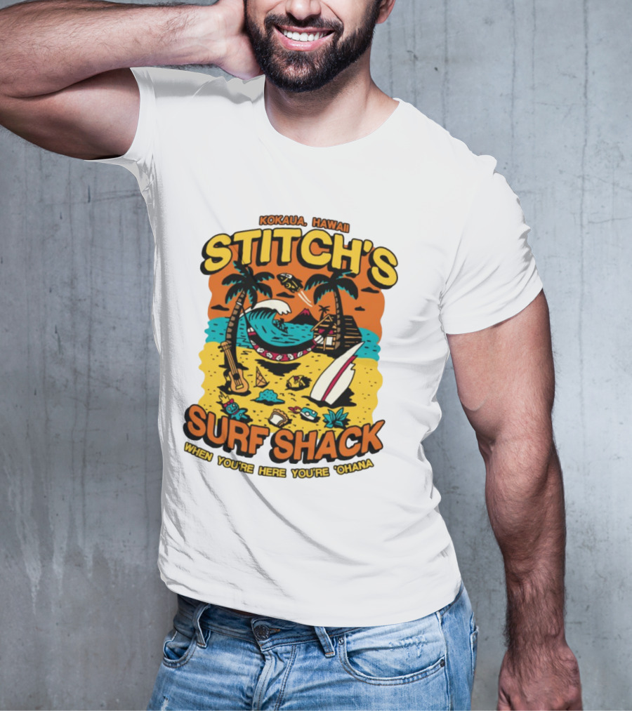 Kokaua Hawaii Stitch's Surf Shack When You're Here You're 'Ohana T-Shirt