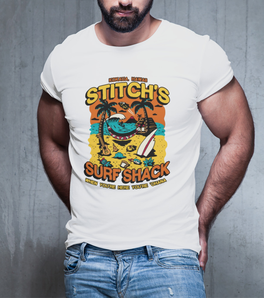 Kokaua Hawaii Stitch's Surf Shack When You're Here You're 'Ohana T-Shirt