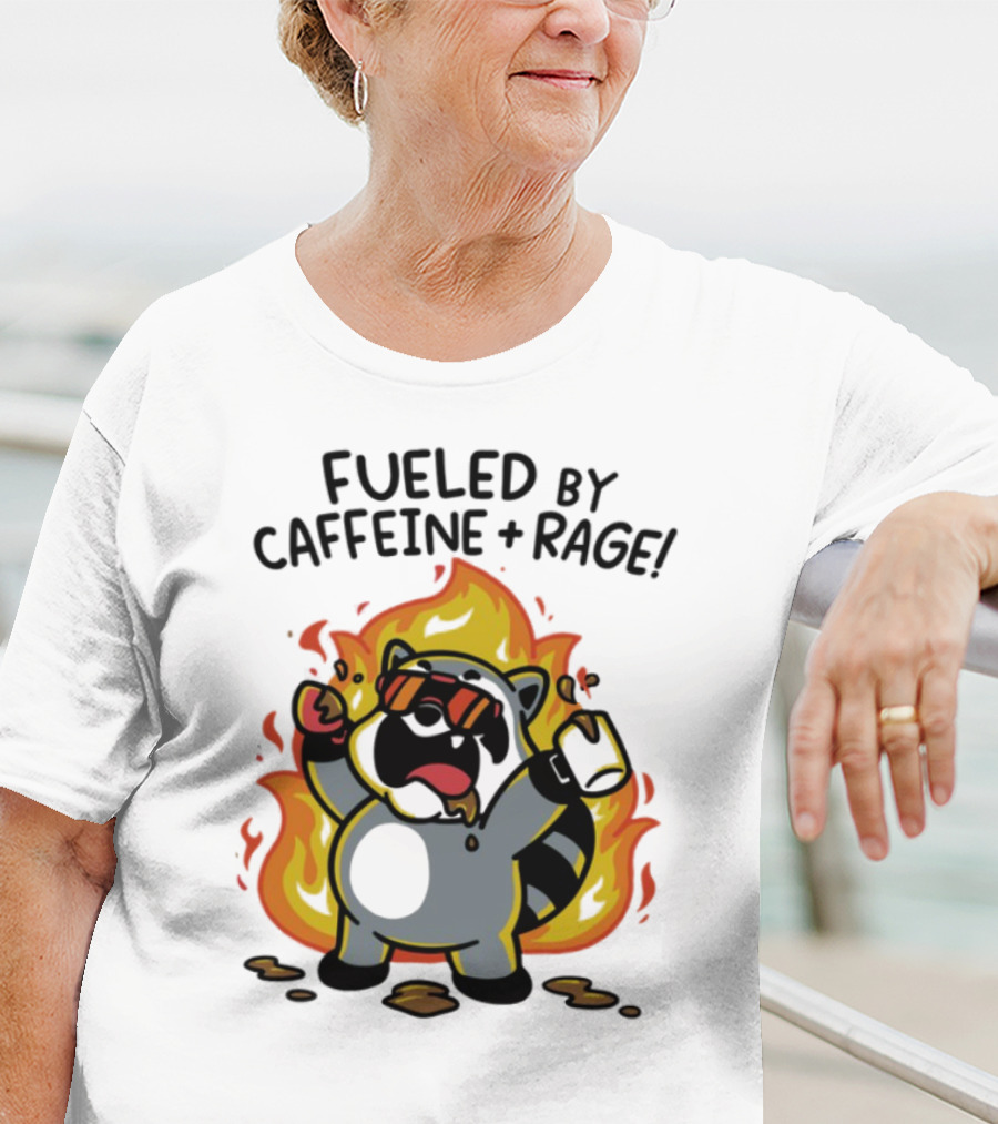 Fueled By Caffeine & Rage Cartoon Raccoon On Fire With Sunglasses T-Shirt