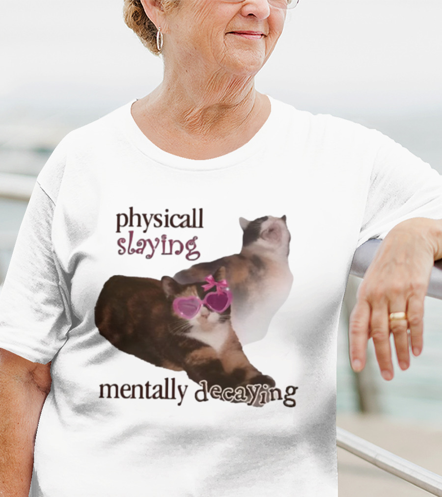```Snazzyseagull Physically Slaying Mentally Decaying Cat With Pink Heart Sunglasses``` T-Shirt