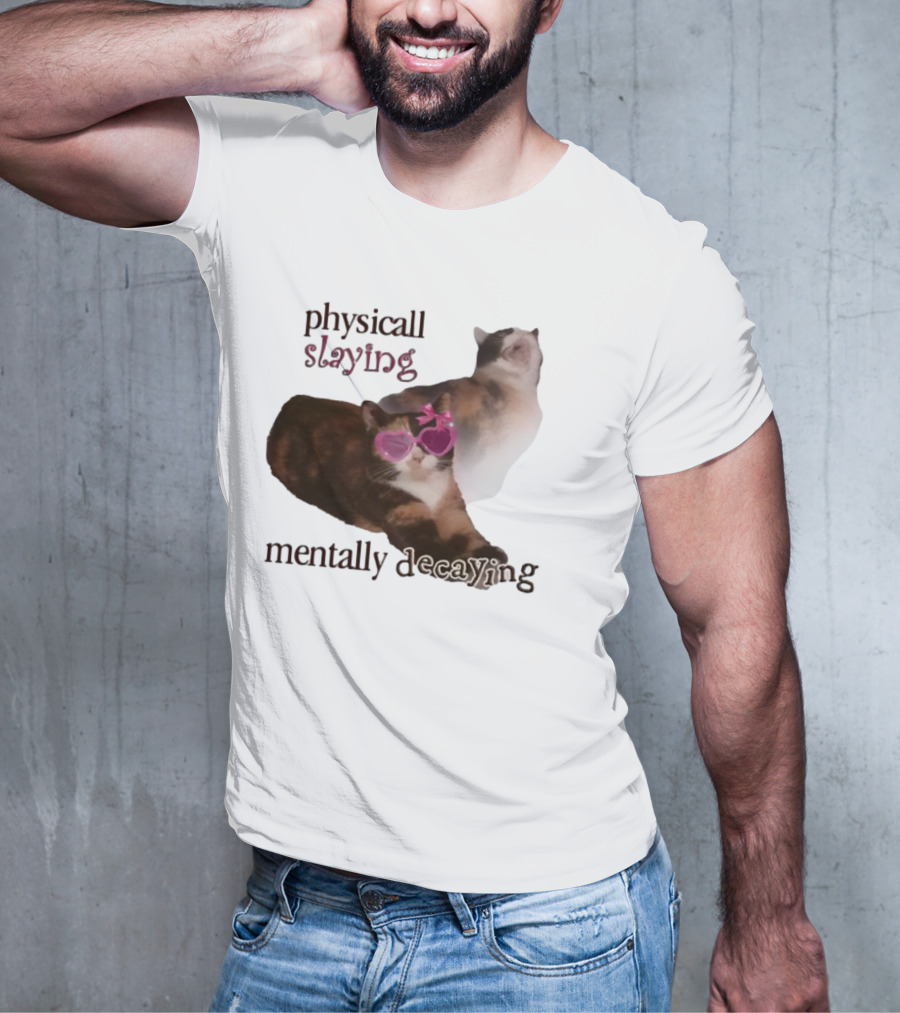 ```Snazzyseagull Physically Slaying Mentally Decaying Cat With Pink Heart Sunglasses``` T-Shirt