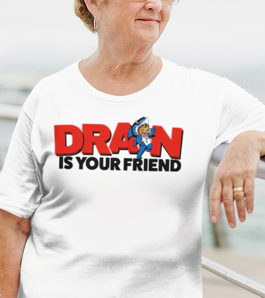 Drain Kewpie Friend In Red Block Letters With Cartoon Character T-Shirt