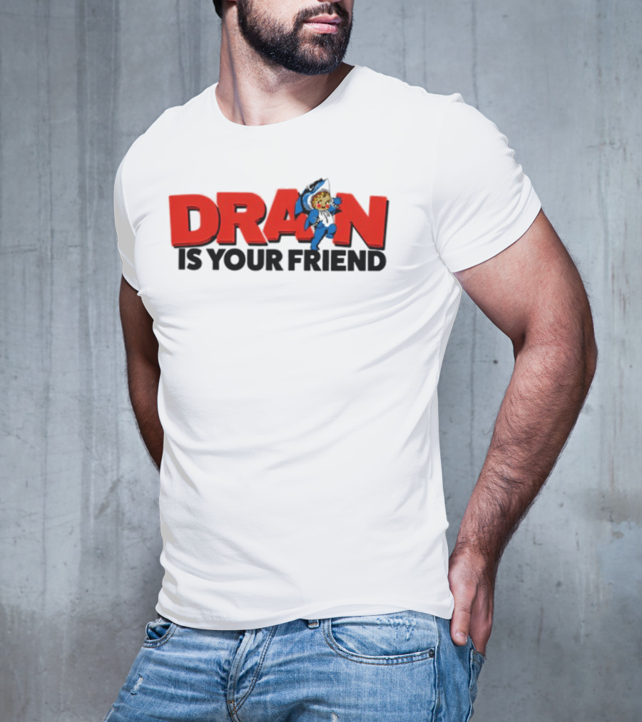 Drain Kewpie Friend In Red Block Letters With Cartoon Character T-Shirt