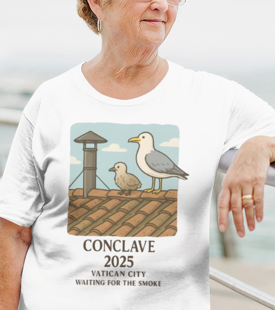 Conclave 2025 Vatican City Awaiting Papal Smoke Signal Seagulls On Roof T-Shirt