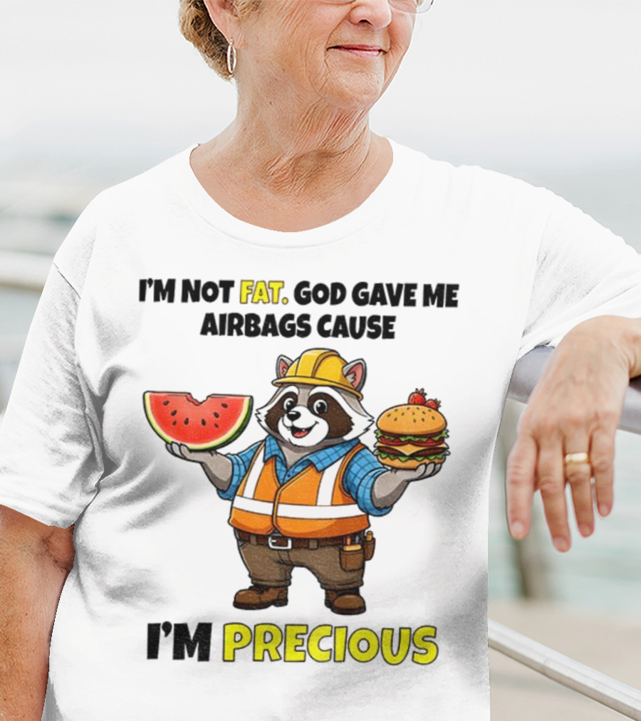 Raccoon In Safety Gear Holding Watermelon And Burger I'm Not Fat Precious T-Shirt