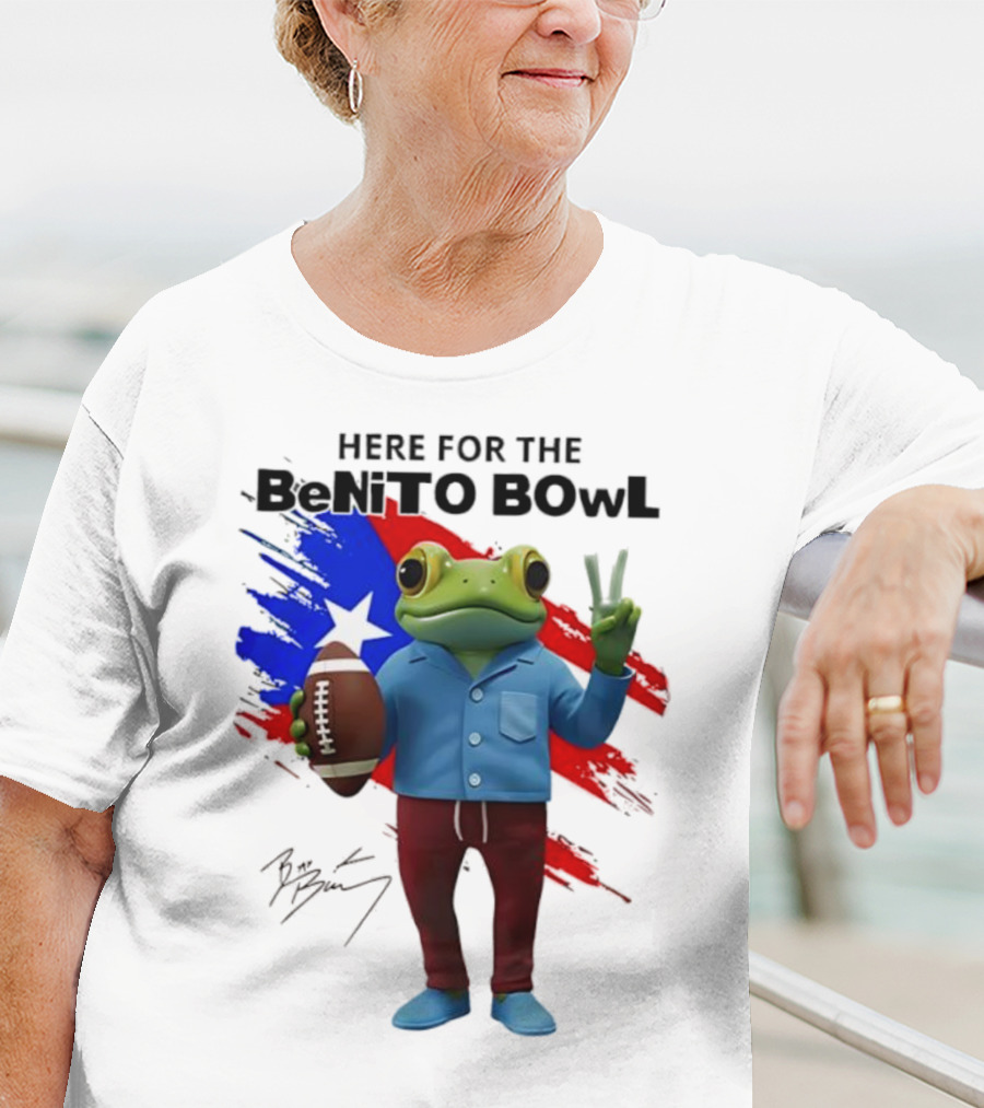 Bad Bunny Here For The Benito Bowl Super Bowl Frogs Puerto Rico Flag Football Peace Sign Signature T-Shirt