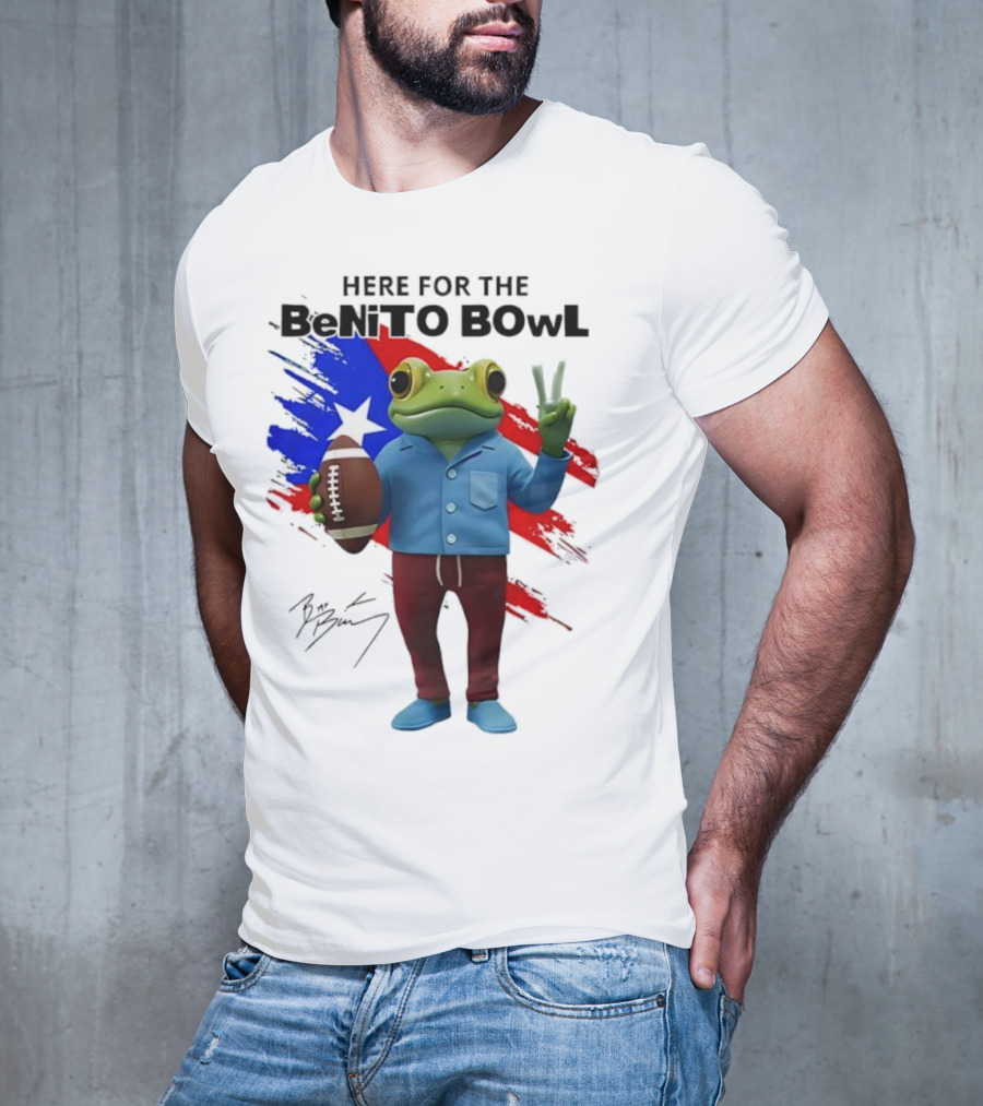 Bad Bunny Here For The Benito Bowl Super Bowl Frogs Puerto Rico Flag Football Peace Sign Signature T-Shirt