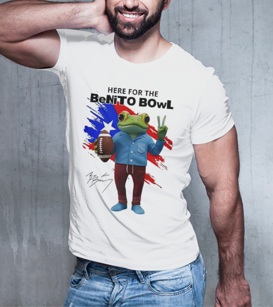 Bad Bunny Here For The Benito Bowl Super Bowl Frogs Puerto Rico Flag Football Peace Sign Signature T-Shirt